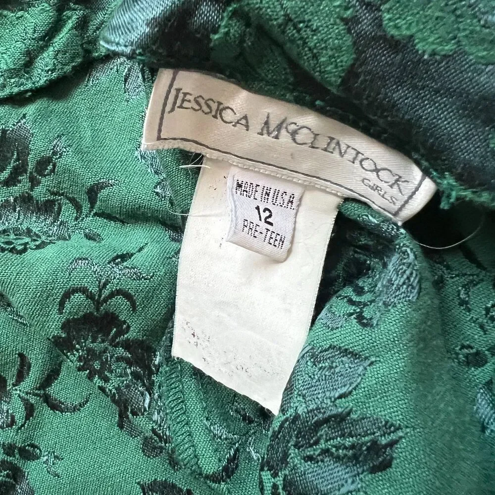 Vintage 80s emerald coquette Jessica McClintock girls puff sleeve jacquard dress